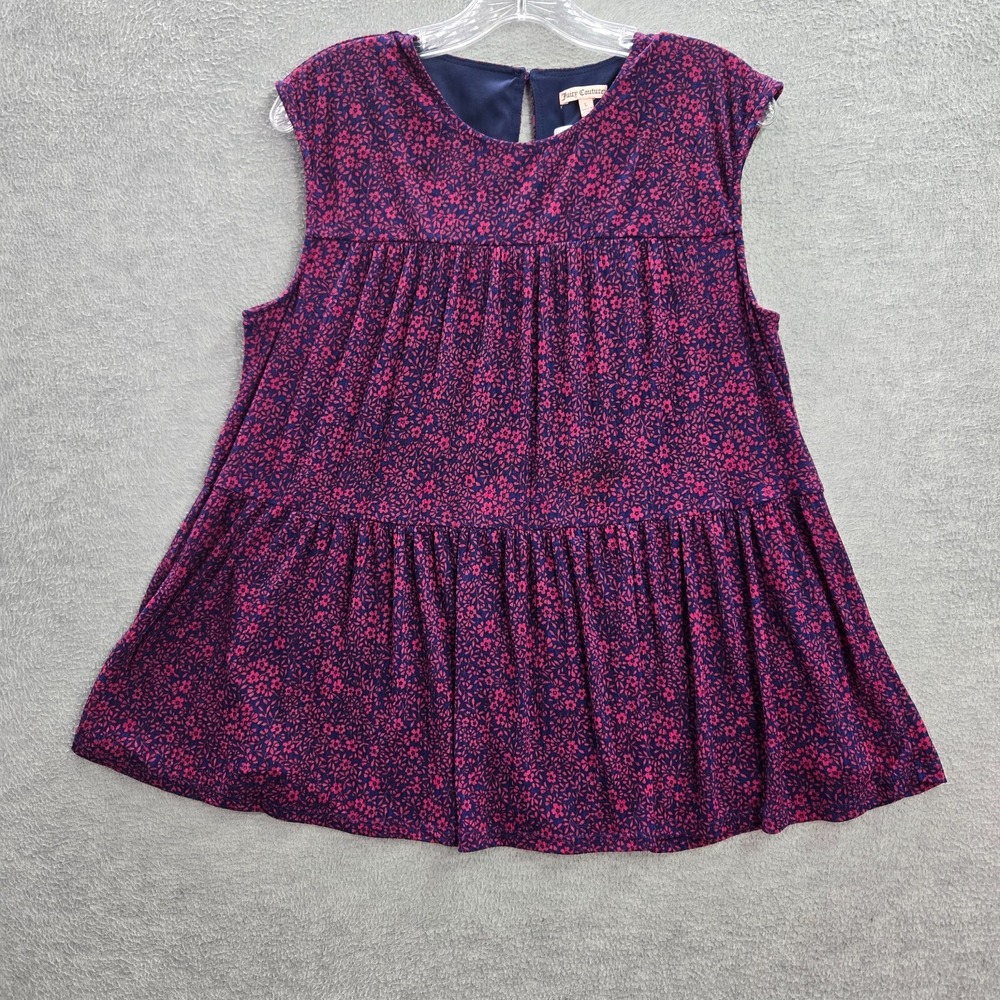 Juicy Couture Women Top Large Red Floral Blouse Tiered Keyhole Sleeveless